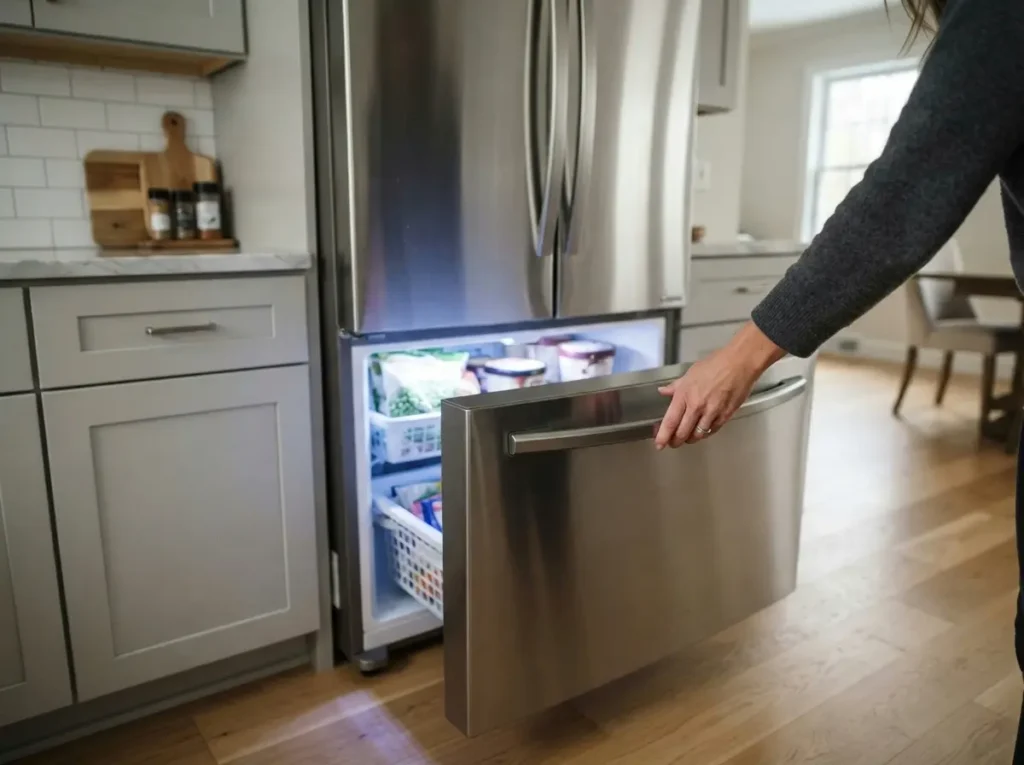 Opening an LG freezer door to check if the evaporator fan noise stops