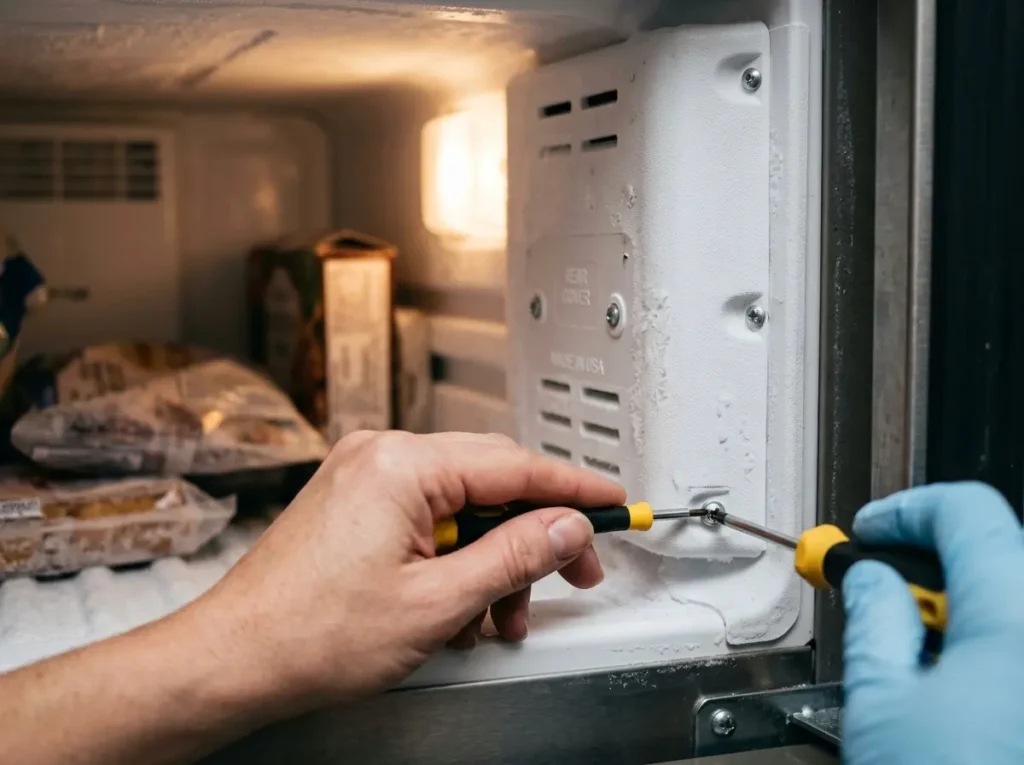 Testing a new LG defrost heater with a multimeter before reassembly