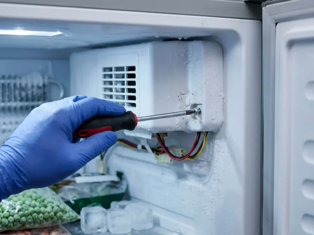 Removing the rear panel screws inside an LG freezer to access the defrost heater