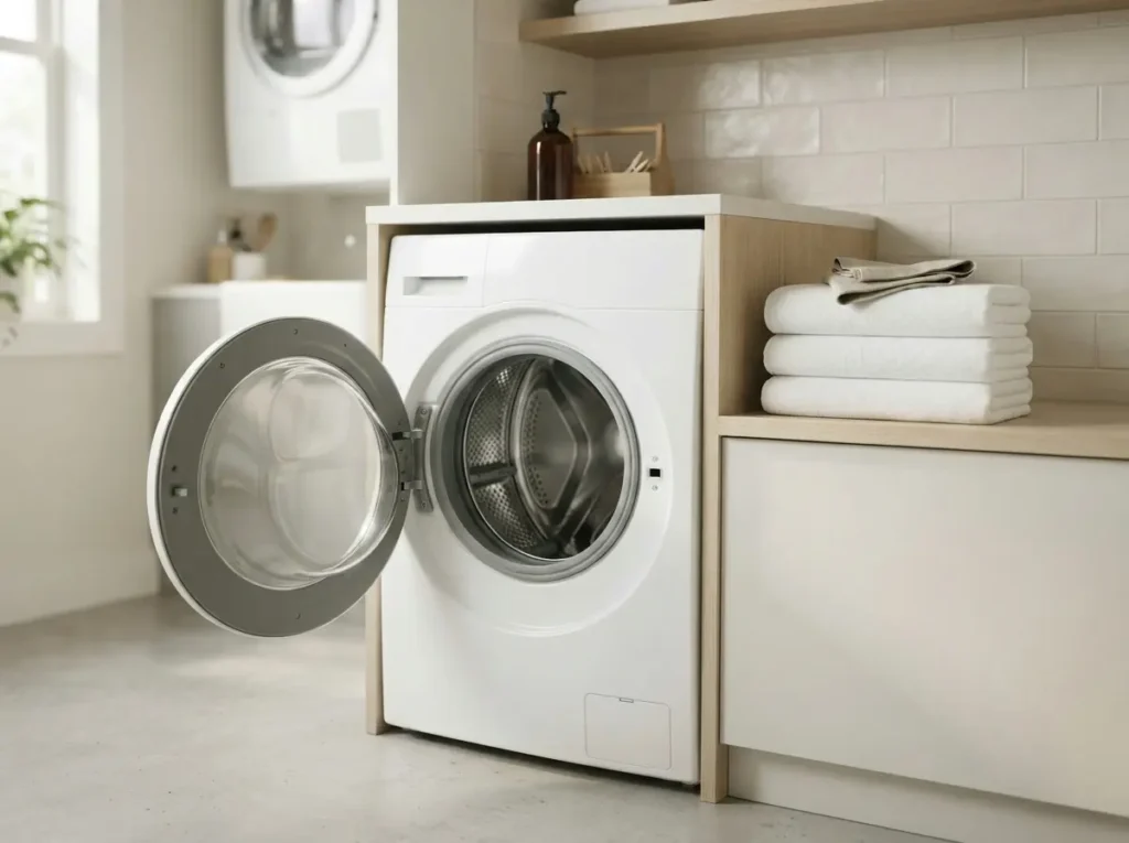 Sleek LG front-load washing machine in a modern home laundry nook