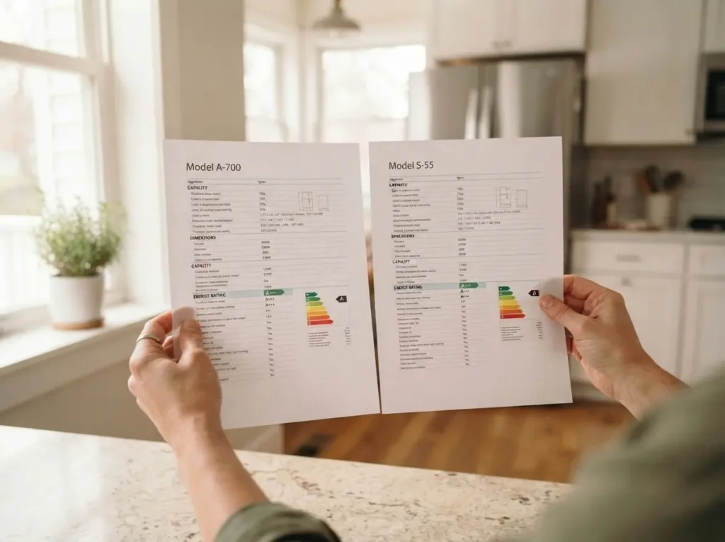 Two refrigerator spec labels compared side by side by a shopper