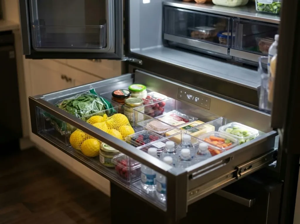 Open flexible convertible drawer inside the LG MAX smart fridge