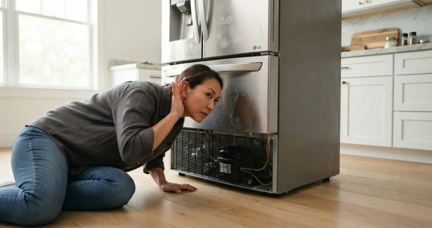 Person listening to LG refrigerator compressor noise versus fan noise