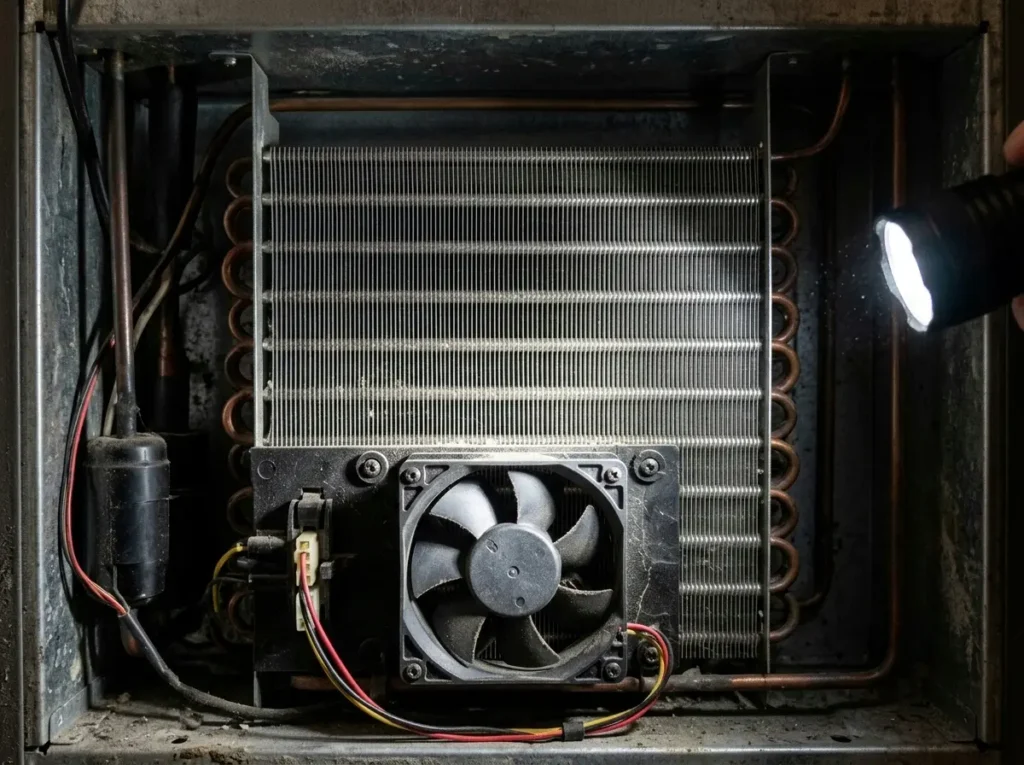 Flashlight illuminating a refrigerator's condenser coil and fan compartment with visible dust buildup