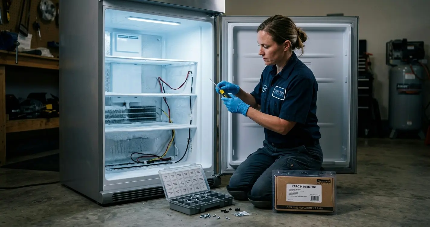Technician preparing to replace an LG refrigerator defrost heater