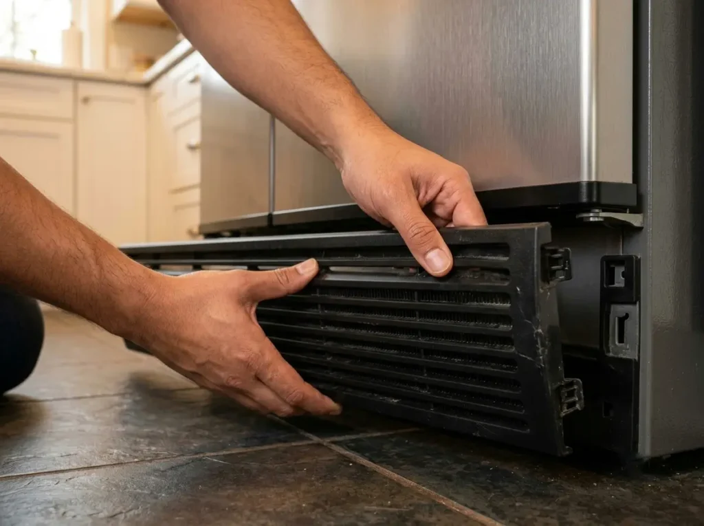 Hands unclipping the bottom kick-plate grille from an LG refrigerator condenser coil