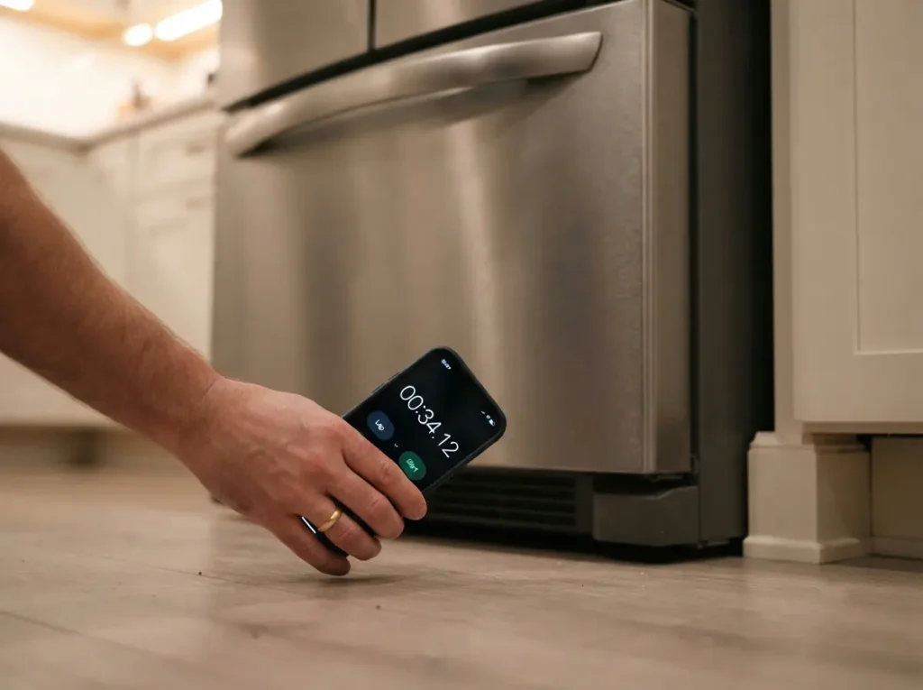 Timing an LG refrigerator noise cycle with a phone stopwatch