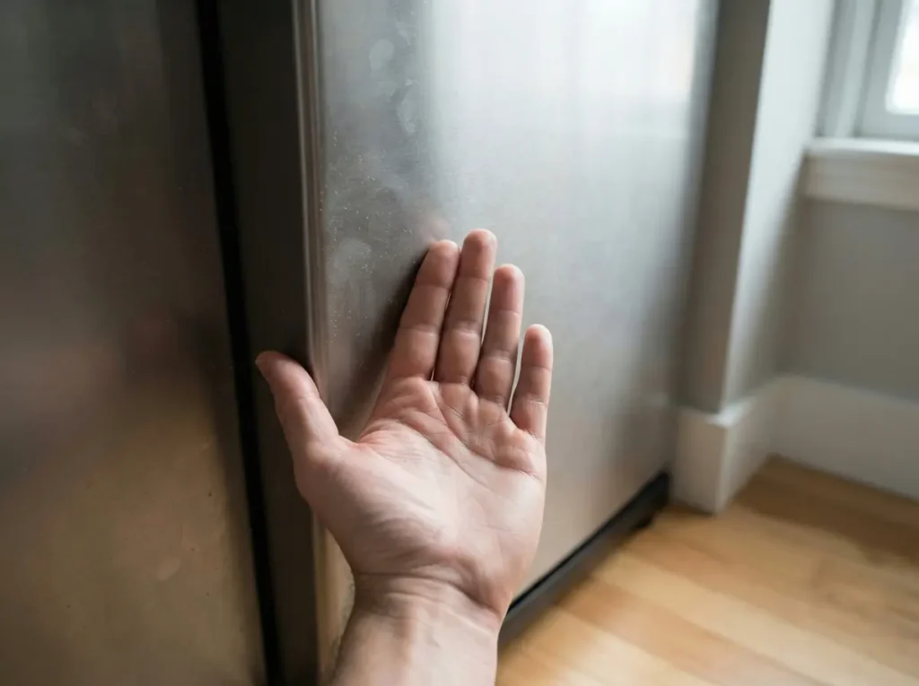 Feeling for LG refrigerator compressor vibration with a hand on the cabinet