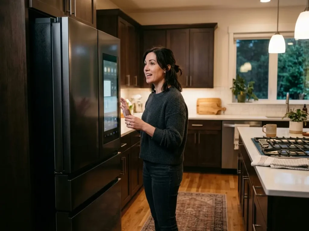 Speaking to the conversational AI feature on an LG Signature smart fridge