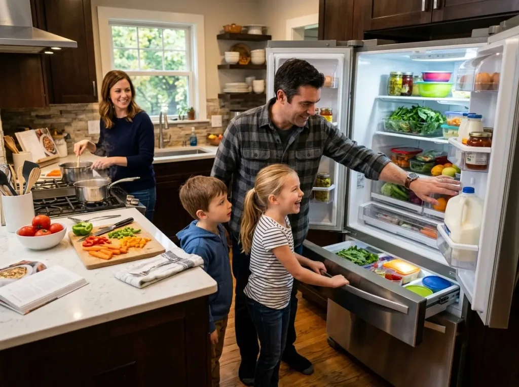 Family opening an LG smart fridge during a busy dinner-hour moment