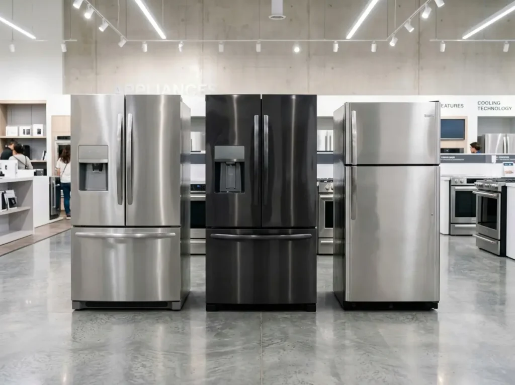 Comparing different LG smart fridge tiers side by side in a showroom