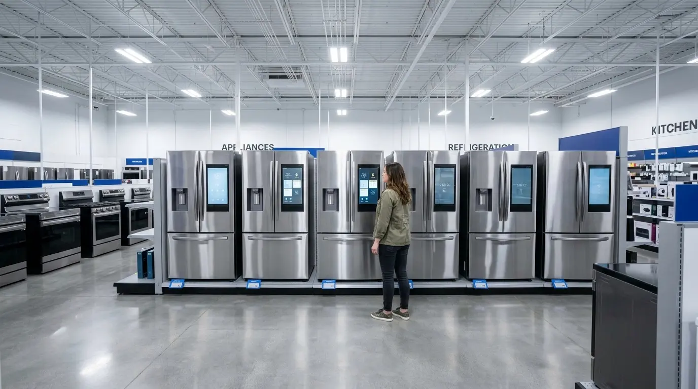 Shopper browsing LG smart fridges in a Best Buy-style appliance showroom