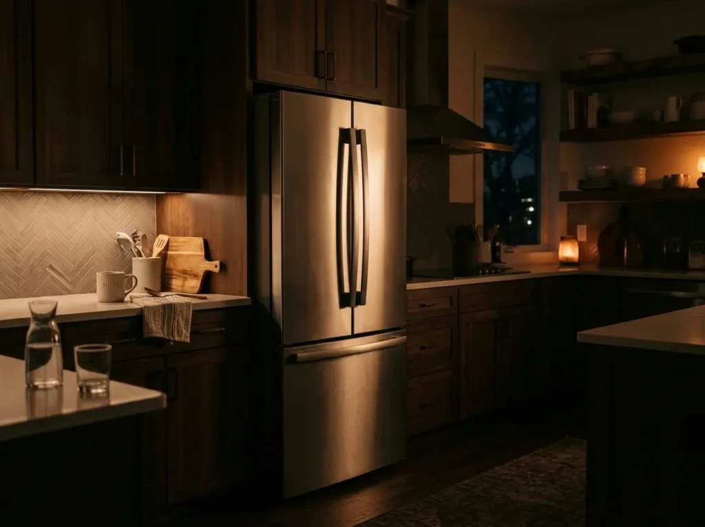 Quiet nighttime kitchen showing real-world LG smart fridge performance