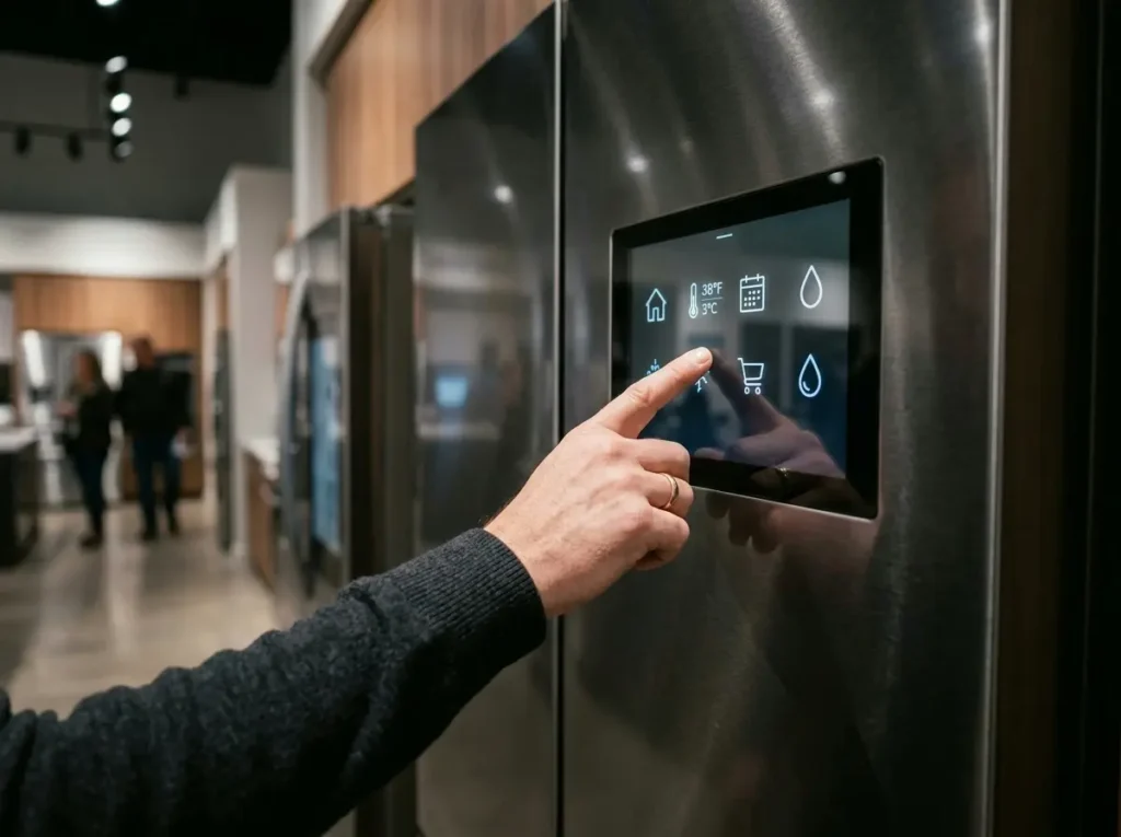 Touching the smart display panel on an LG smart fridge