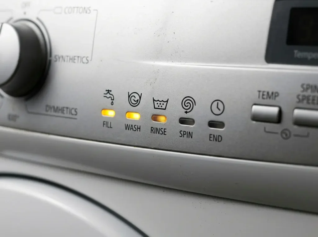 Close-up of an LG washer's control panel showing which cycle stage it stopped in. lg washer stops mid-cycle fix guide