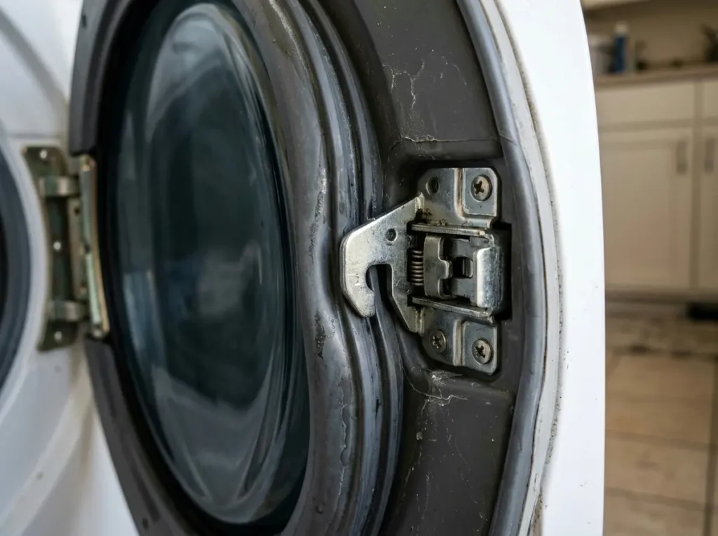 Close-up of an LG front-load washer's door lock mechanism near the door seal