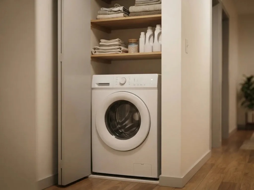 Compact LG washer-dryer combo unit fitted into a small apartment space