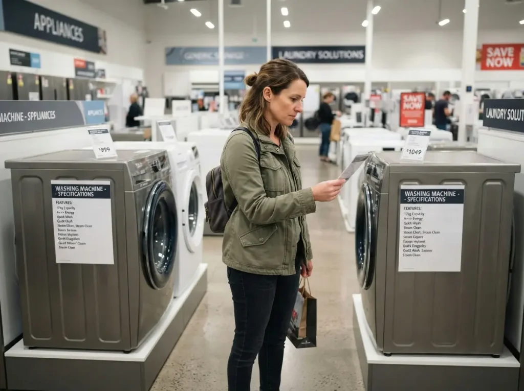 Shopper comparing washing machine spec tags side by side in a showroom