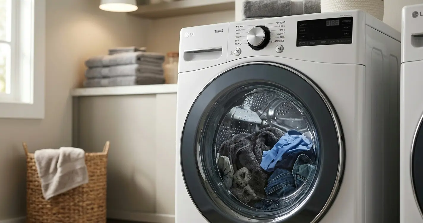LG front-load washer paused mid-cycle with a dark display and wet laundry visible through the door glass