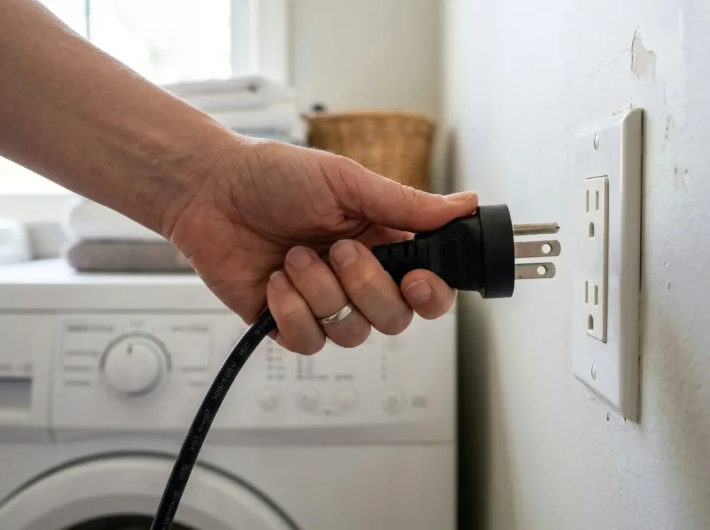 Hand unplugging an LG washer's power cord from the wall outlet for a reset