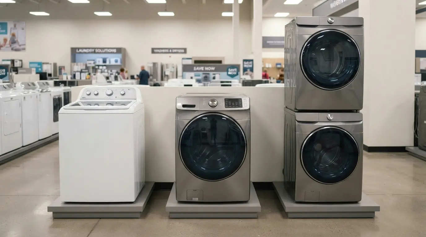 Comparing LG top-load, front-load, and WashTower washing machine types in a showroom