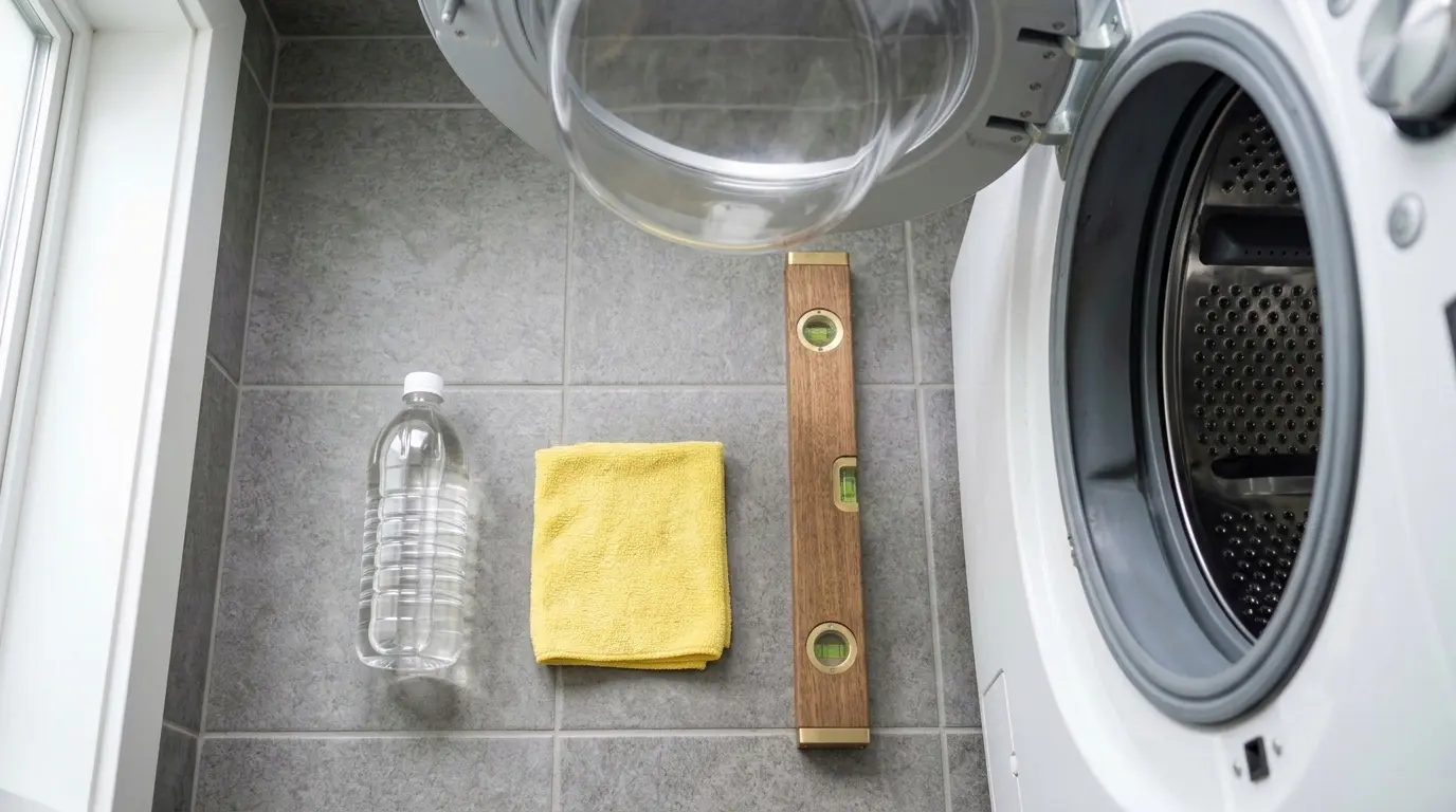 Vinegar, cloth, and level laid out for a Maytag 30 minute maintenance ritual