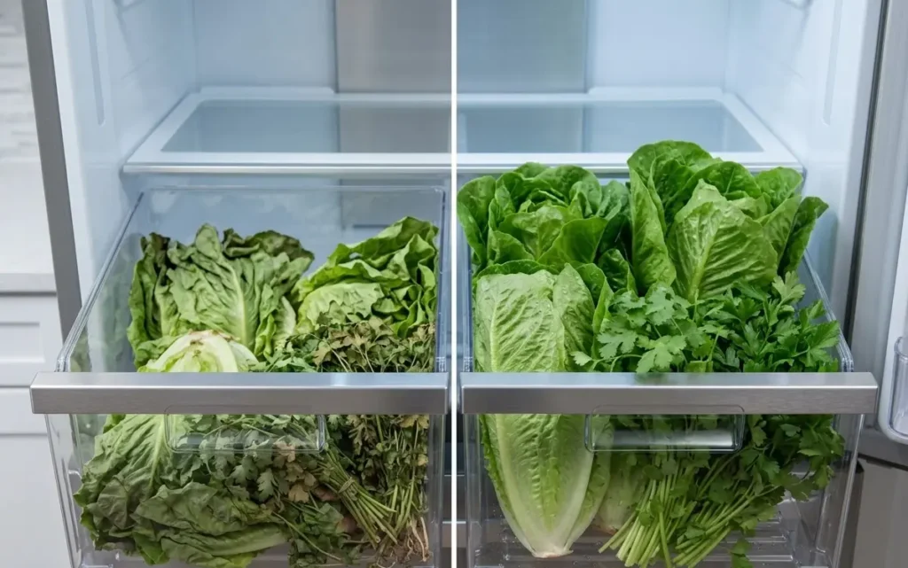 Side-by-side comparison of wilted versus crisp produce in a refrigerator crisper drawer