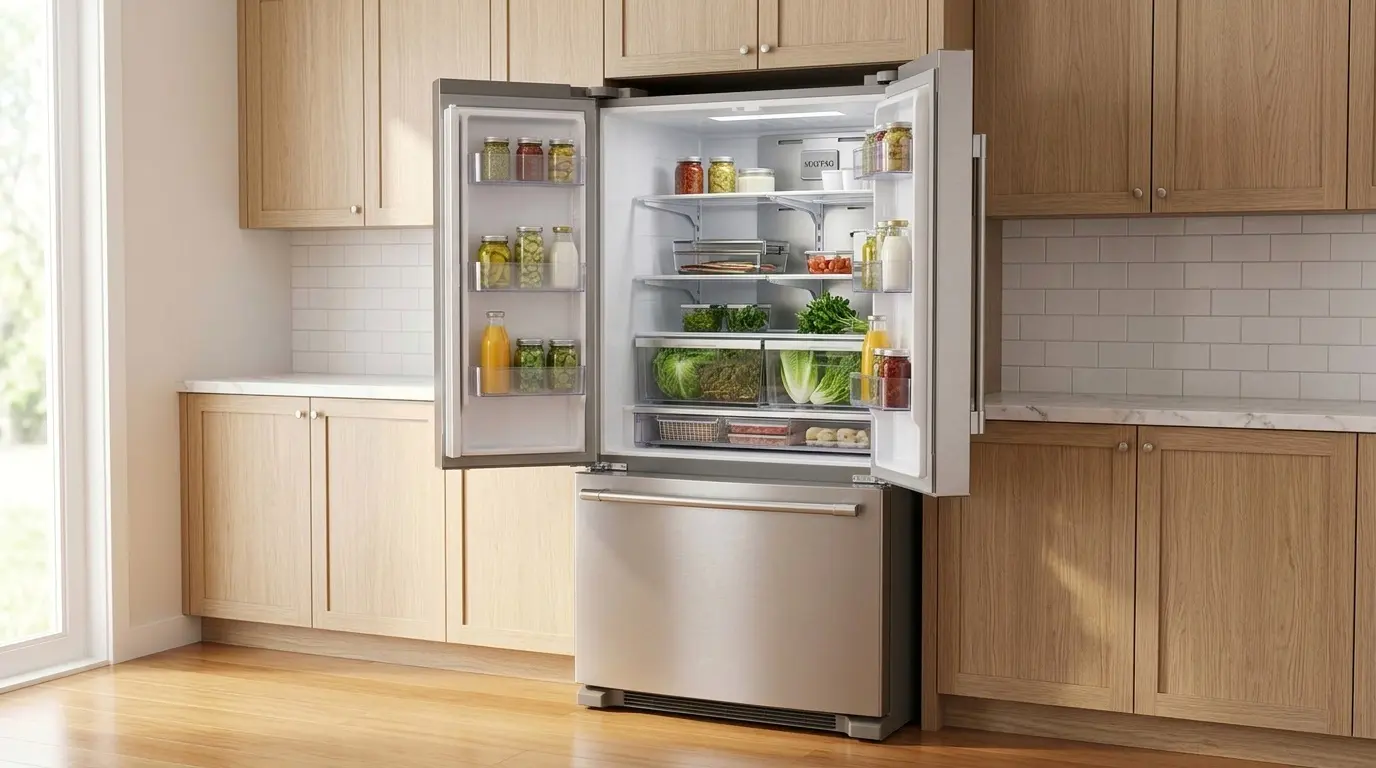 Maytag French door refrigerator with Dual Cool evaporator system in a modern kitchen"