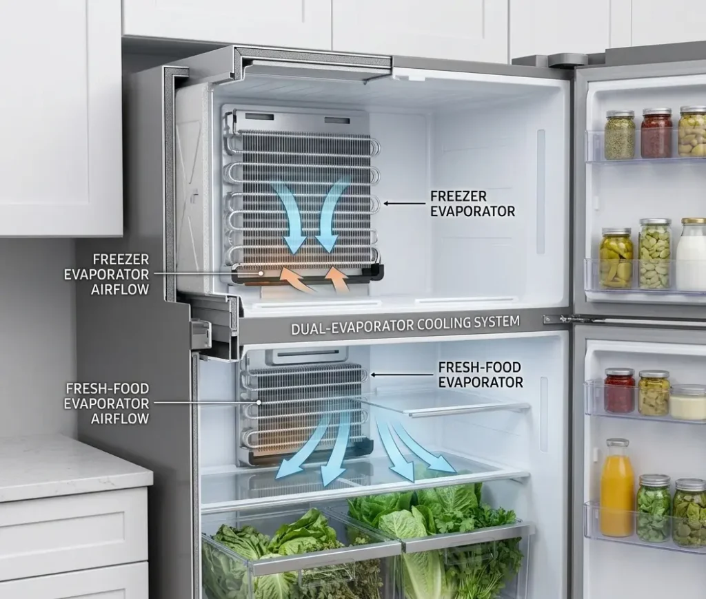 Diagram of Maytag Dual Cool twin-evaporator cooling system airflow