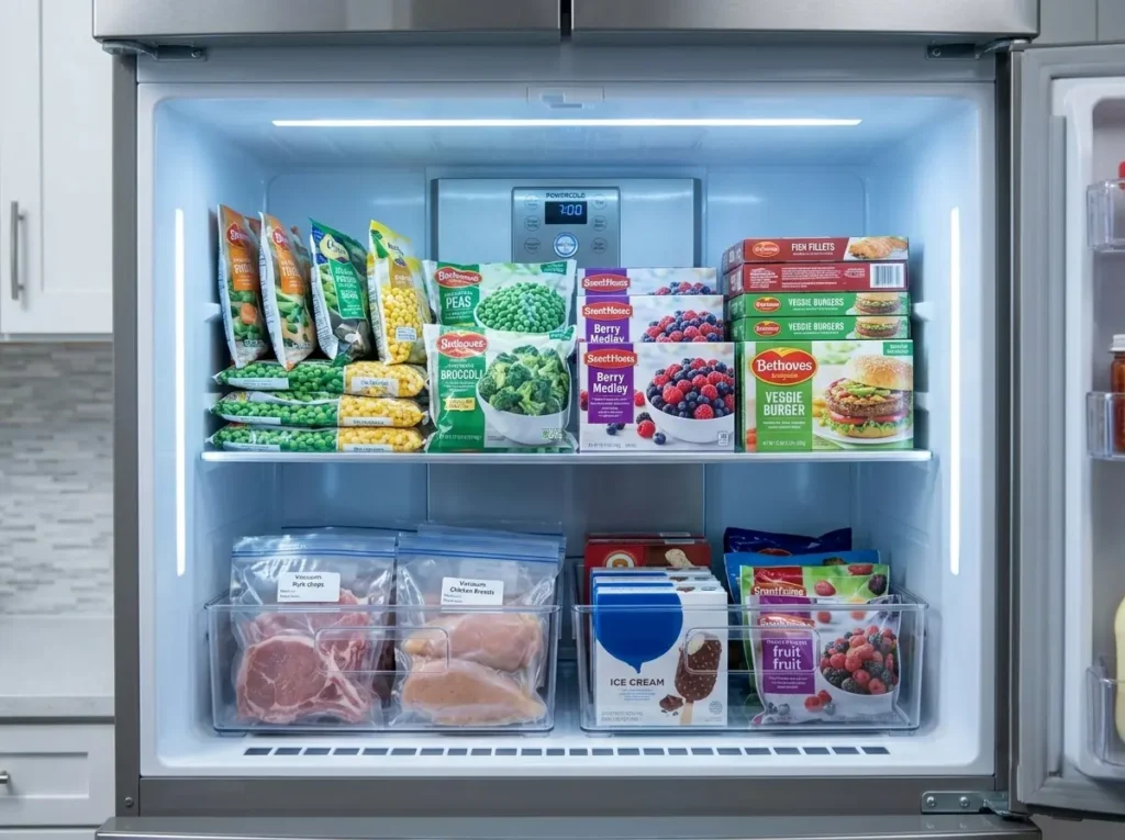 Frost-free Maytag freezer interior showing dry, ice-crystal-free cooling"
