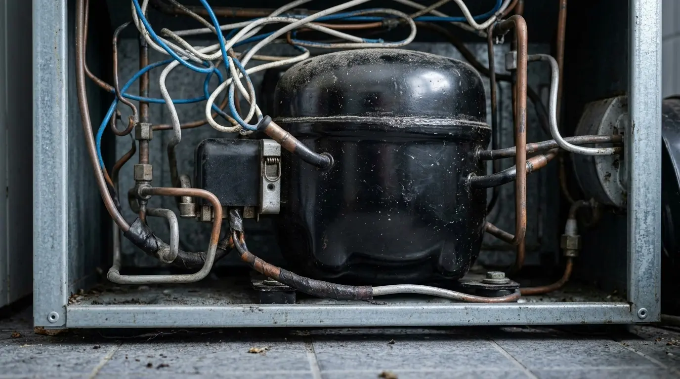 Refrigerator compressor compartment showing the source of a clicking relay problem