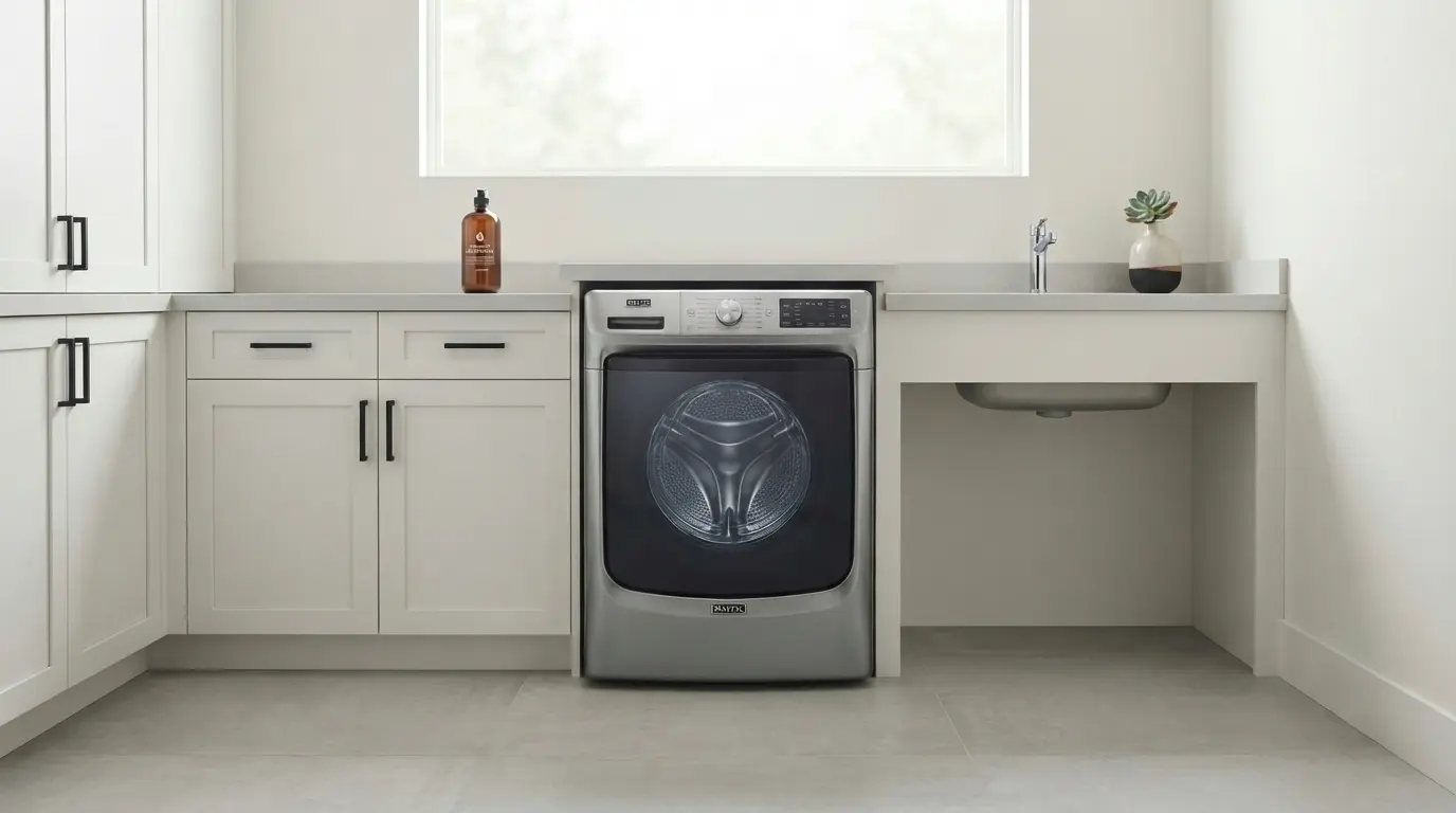 Maytag 2026 front load washer in a modern white laundry room