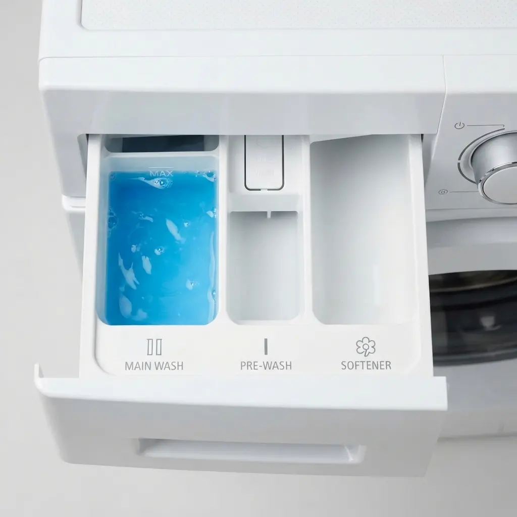 Open Optimal Dose detergent dispenser drawer on a Maytag front-load washer