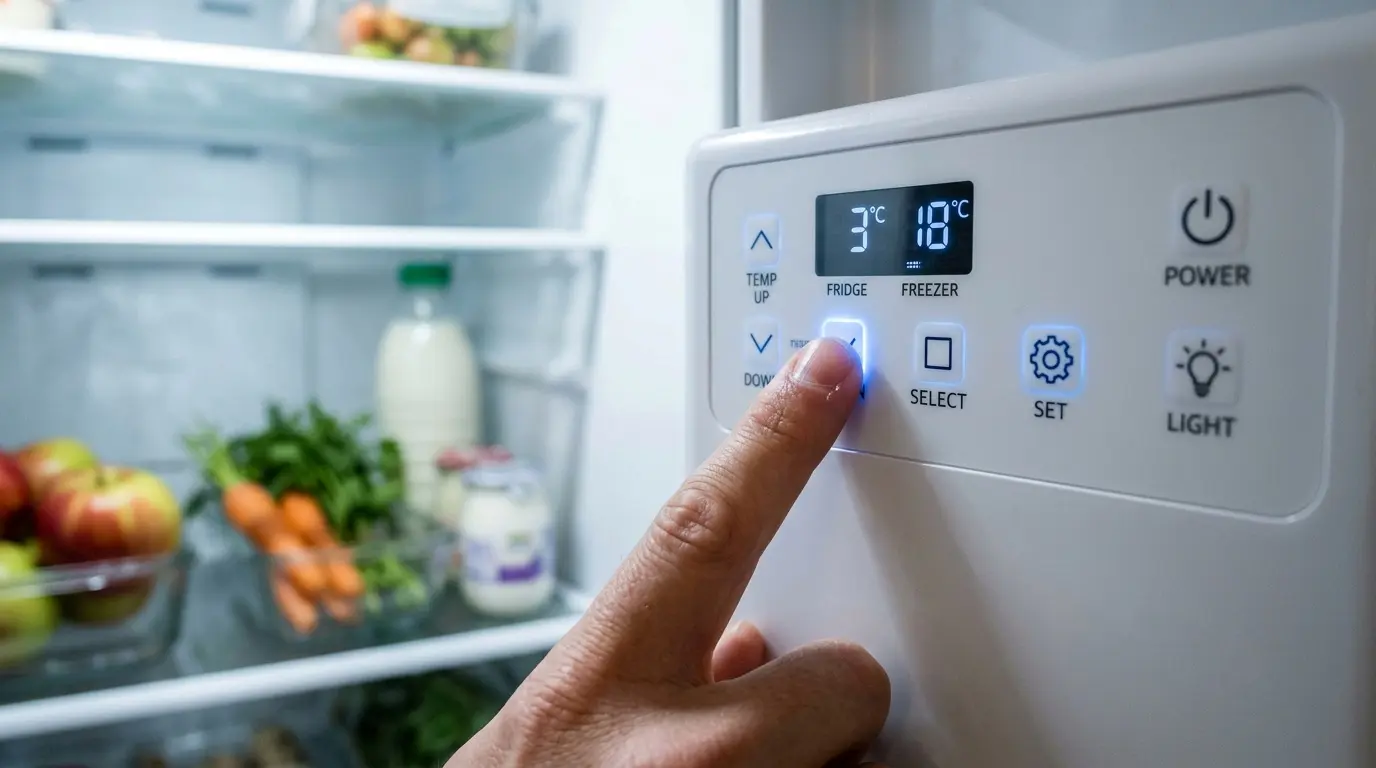 Finger pressing a button on a refrigerator control panel
