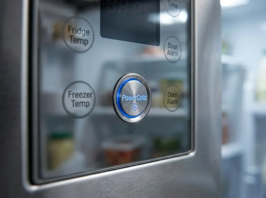Close-up of Maytag PowerCold button on refrigerator control panel
