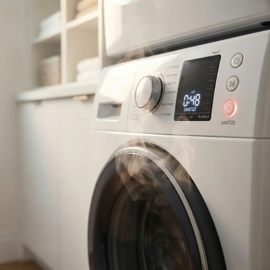 Steam rising from a Maytag washer control panel during the sanitize heater cycle