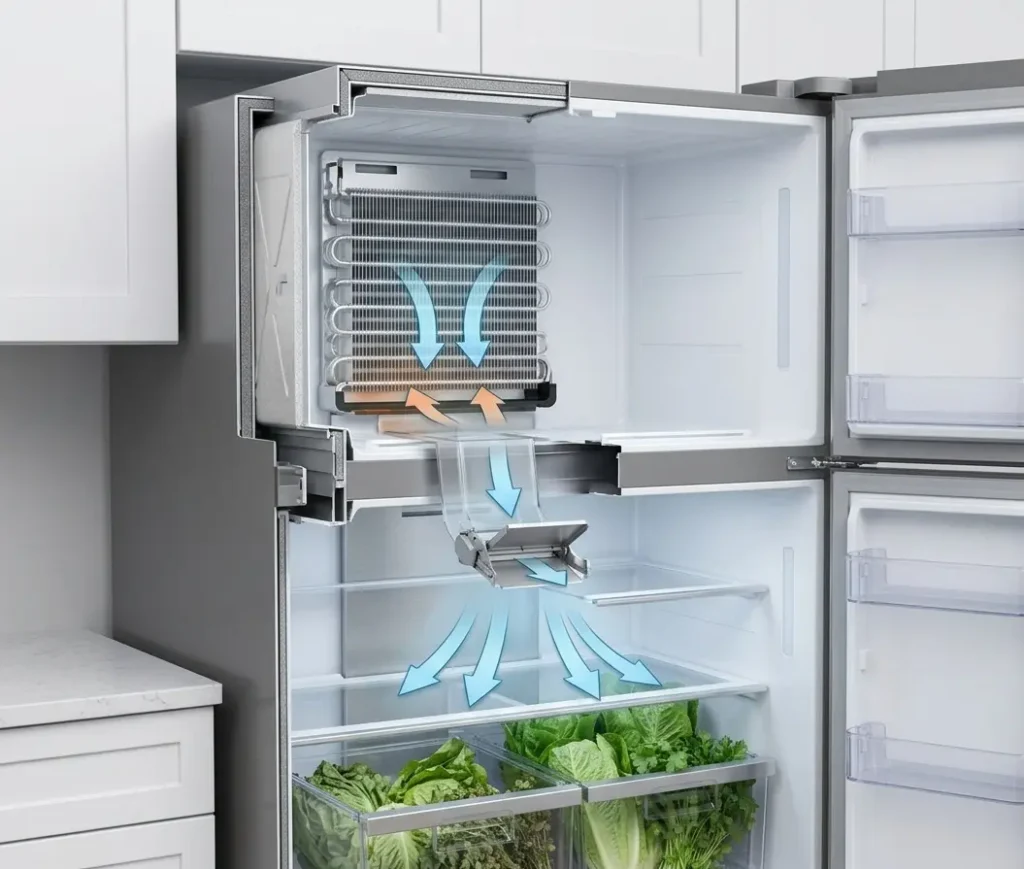Diagram of single-evaporator refrigerator cooling airflow through one duct and damper"