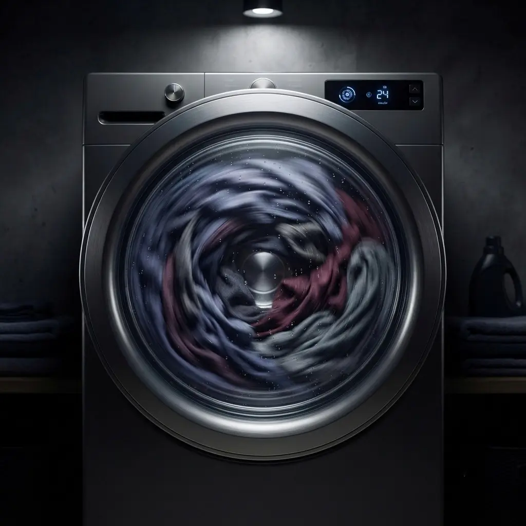 Maytag front load washer door showing motion blur during a high-speed spin cycle