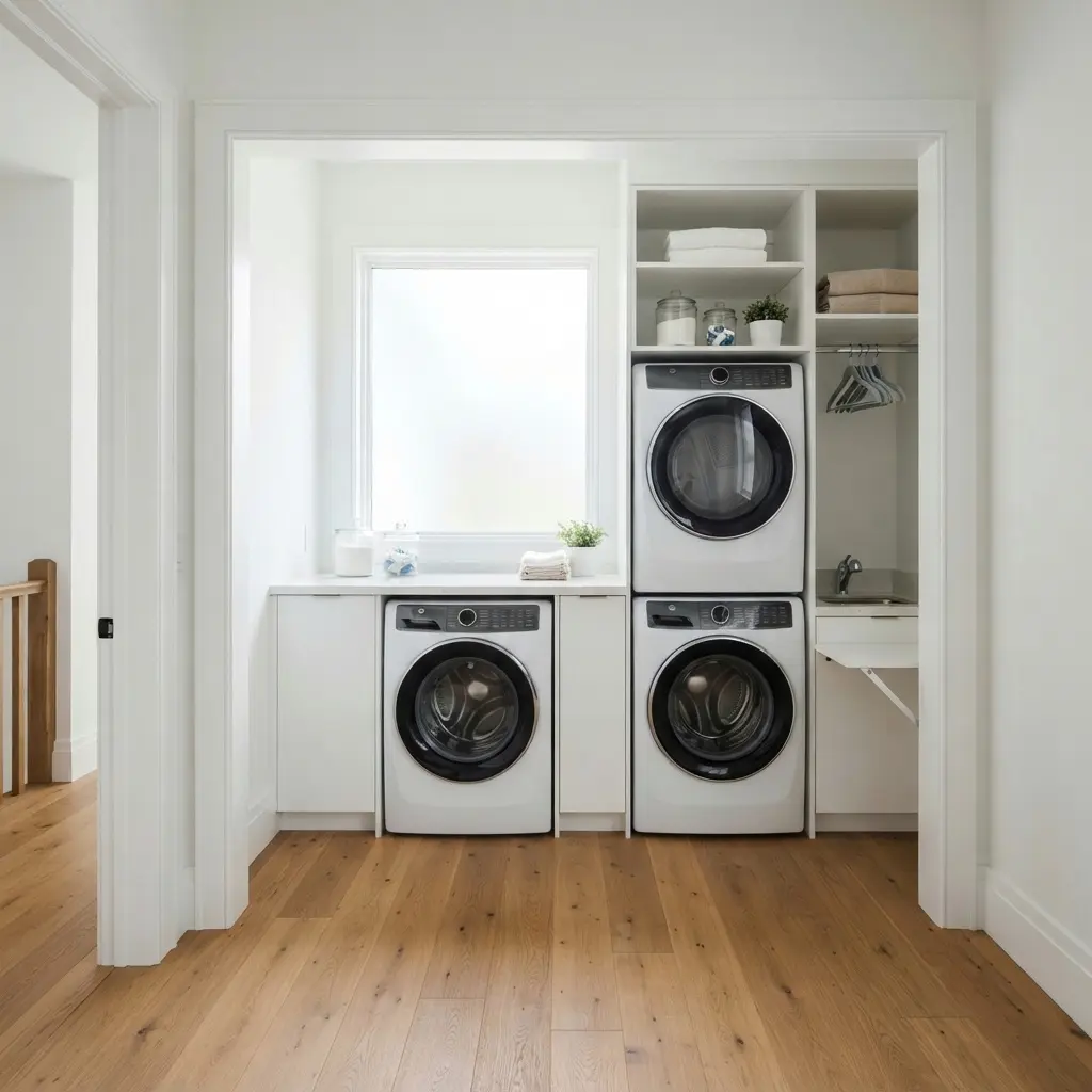Front load washer installed in a wood-floor upstairs laundry room
