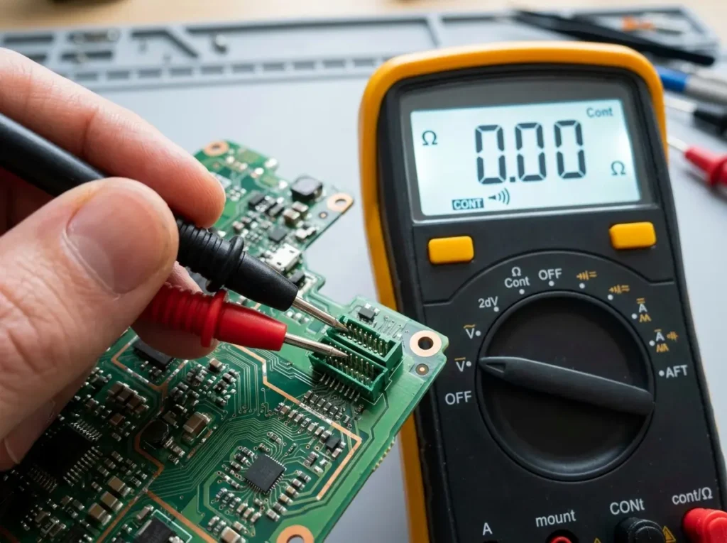 Multimeter testing continuity on a circuit board connector