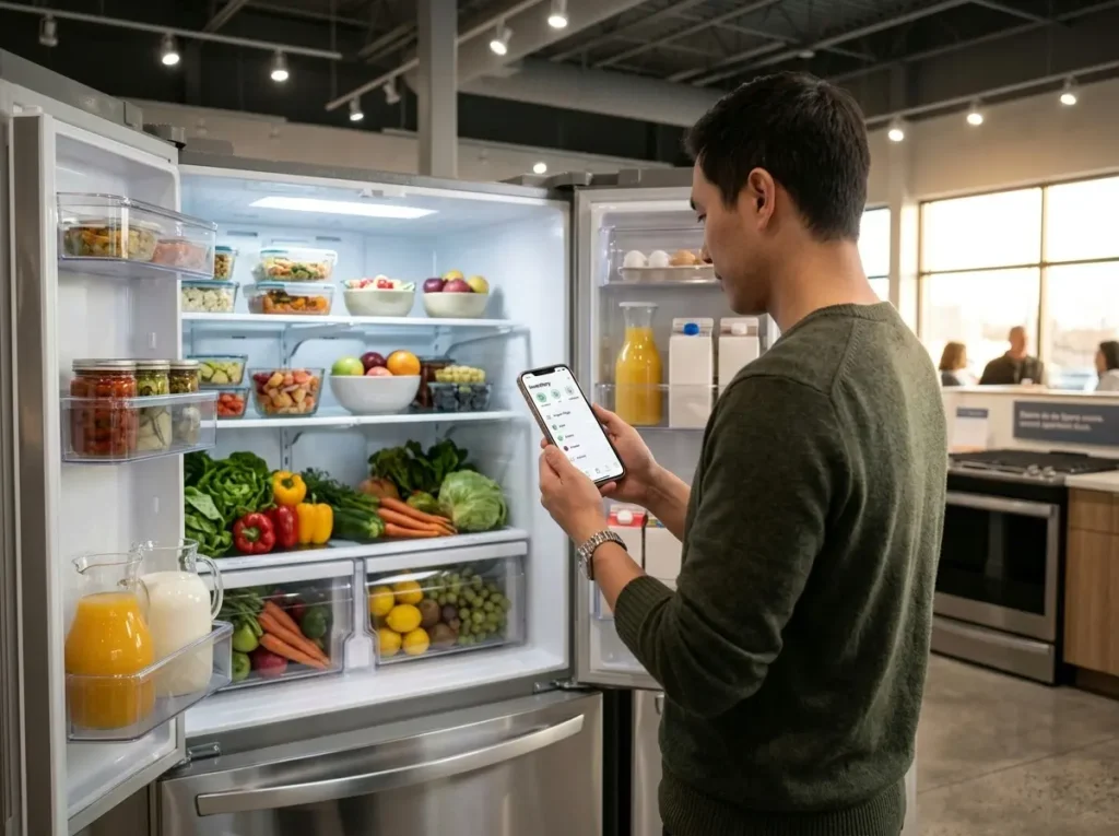 Person using a smartphone app in front of an open refrigerator