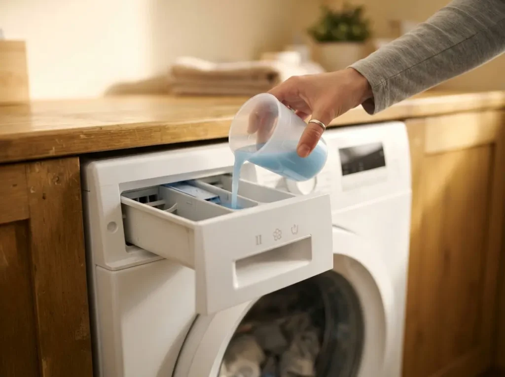 Pouring measured detergent into a washer dispenser drawer