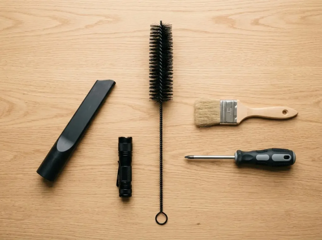 Coil cleaning brush, crevice vacuum attachment, flashlight, and soft paintbrush arranged on a counter