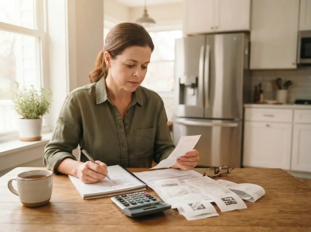LG vs Kenmore refrigerator review a homeowner reviewing appliance costs and receipts at a kitchen table