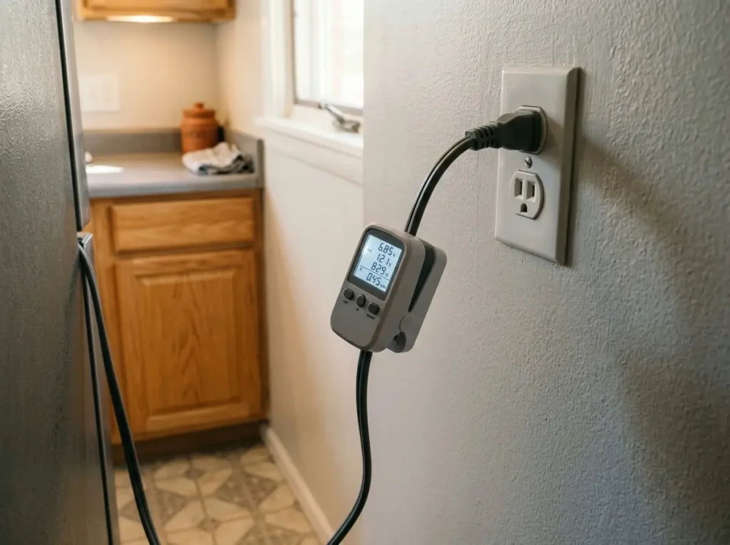 Electricity usage monitor attached to a refrigerator power cord