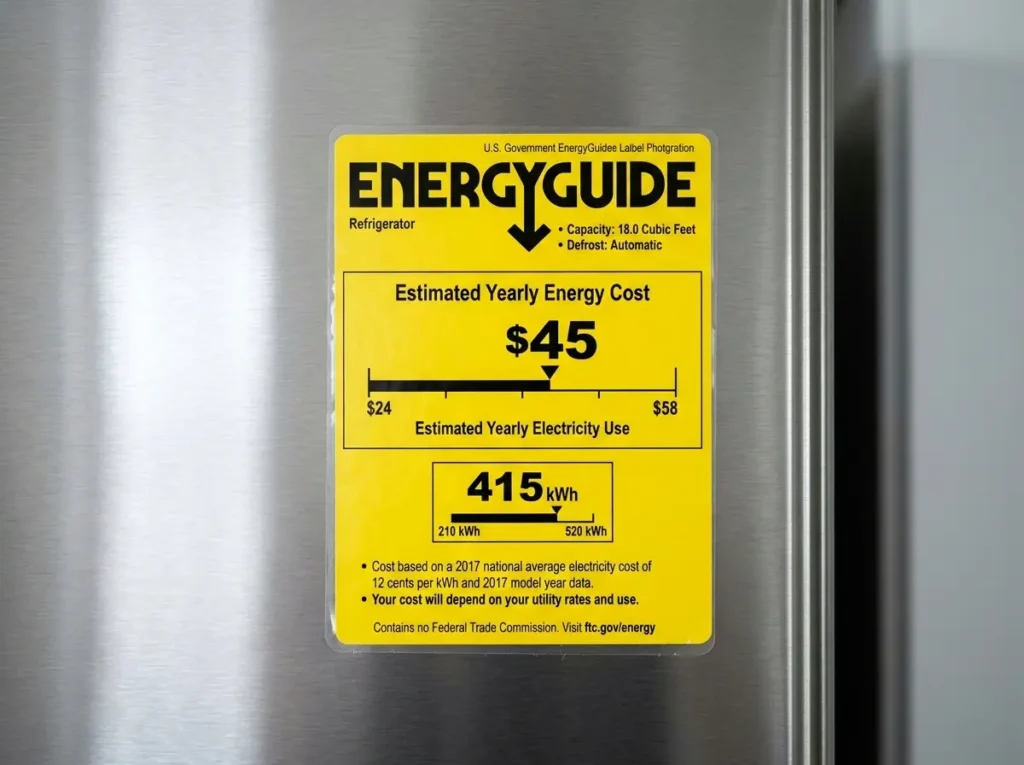 Refrigerator EnergyGuide label showing estimated yearly energy use in inverter and fixed-speed compressor