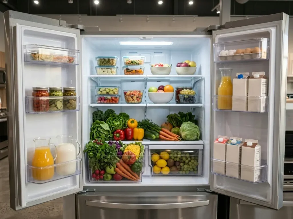 Open refrigerator interior with organized shelves and produce