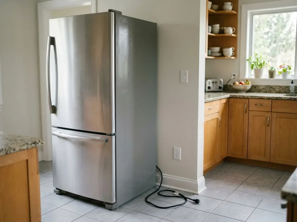 Refrigerator power cord unplugged from a wall outlet