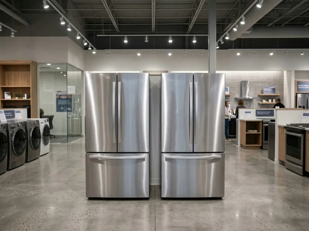 Samsung Bespoke vs. Whirlpool Two refrigerators displayed side by side in a showroom
