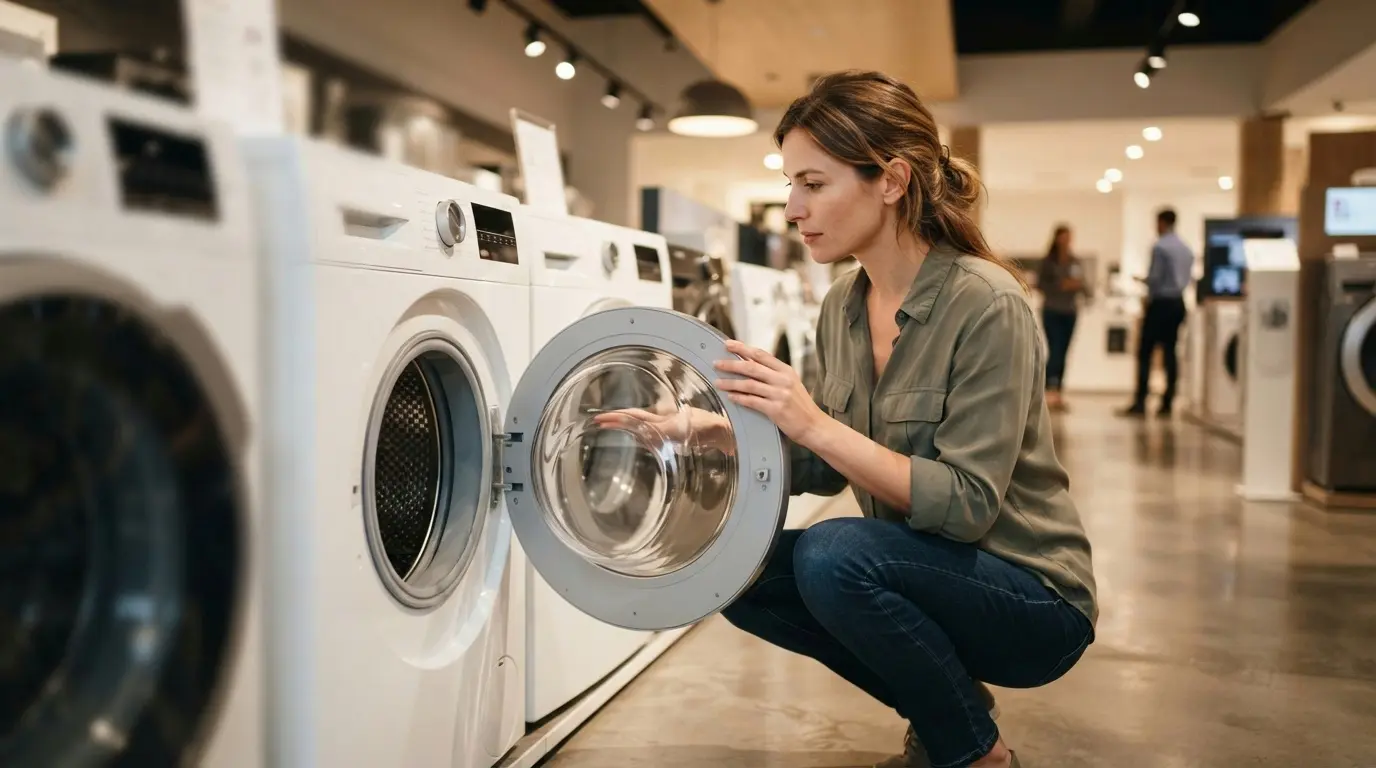 Person inspecting a refurbished LG front load washing machine in a showroom